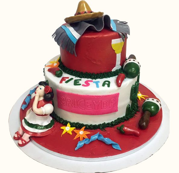 Two tier fiesta cake with a sombrero topper and the name Briceyda